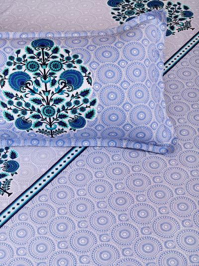 Blue & White Floral PATTERNED 240 TC QUEEN BEDSHEET WITH 2 PILLOW COVERS