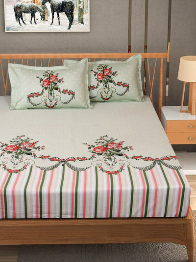 Sea Green Floral PATTERNED 240 TC QUEEN BEDSHEET WITH 2 PILLOW COVERS
