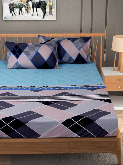 Blue & Grey Geometric PATTERNED 240 TC QUEEN BEDSHEET WITH 2 PILLOW COVERS