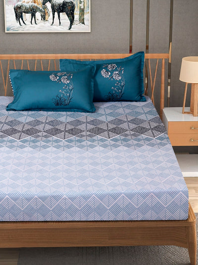 Teal & White Geometric PATTERNED 240 TC QUEEN BEDSHEET WITH 2 PILLOW COVERS