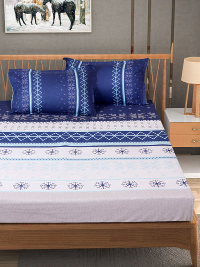 Blue & White Geometric PATTERNED 240 TC QUEEN BEDSHEET WITH 2 PILLOW COVERS