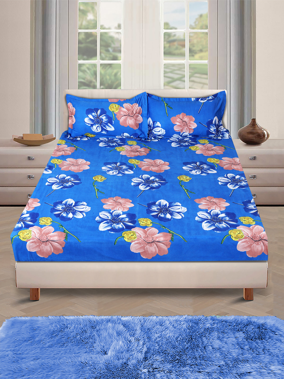 Blue Floral PATTERNED 144 TC QUEEN BEDSHEET WITH 2 PILLOW COVERS