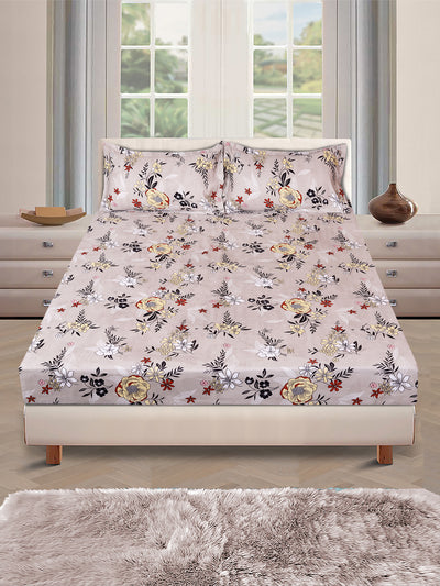 Beige Floral PATTERNED 144 TC QUEEN BEDSHEET WITH 2 PILLOW COVERS