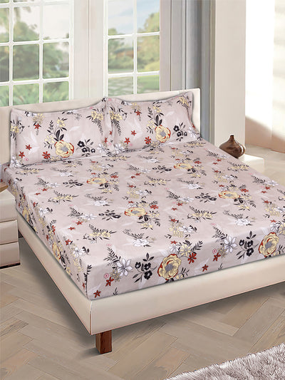 Beige Floral PATTERNED 144 TC QUEEN BEDSHEET WITH 2 PILLOW COVERS