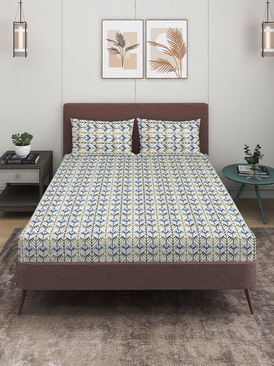 Blue & White Geometric PATTERNED 300 TC QUEEN BEDSHEET WITH 2 PILLOW COVERS