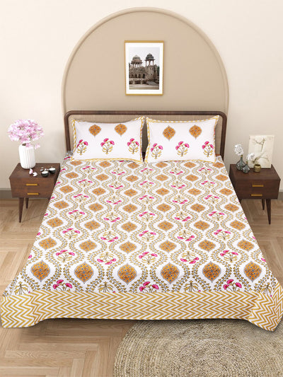 Mustard & Cream Ethnic Motifs PATTERNED 220 TC QUEEN BEDSHEET WITH 2 PILLOW COVERS