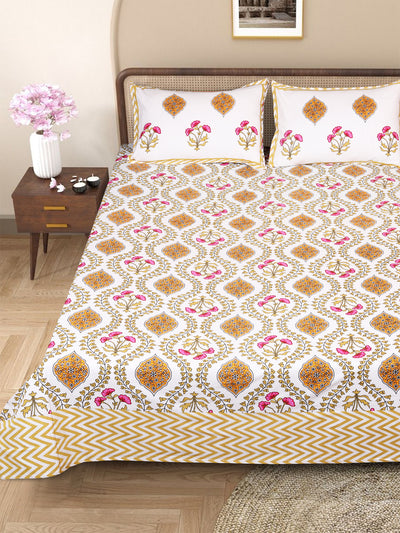 Mustard & Cream Ethnic Motifs PATTERNED 220 TC QUEEN BEDSHEET WITH 2 PILLOW COVERS