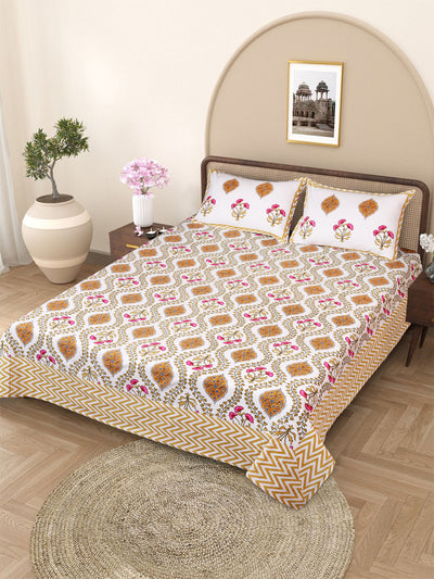Mustard & Cream Ethnic Motifs PATTERNED 220 TC QUEEN BEDSHEET WITH 2 PILLOW COVERS