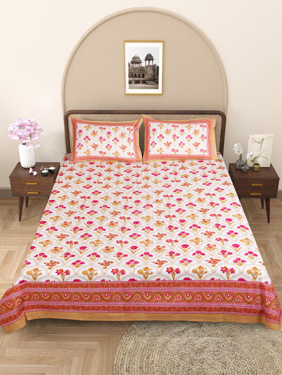 Pink & Cream, Mustard Floral PATTERNED 220 TC QUEEN BEDSHEET WITH 2 PILLOW COVERS