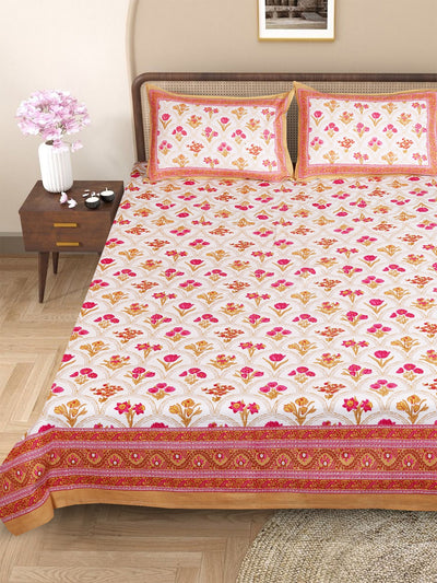 Pink & Cream, Mustard Floral PATTERNED 220 TC QUEEN BEDSHEET WITH 2 PILLOW COVERS