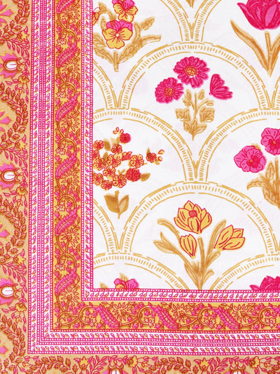 Pink & Cream, Mustard Floral PATTERNED 220 TC QUEEN BEDSHEET WITH 2 PILLOW COVERS