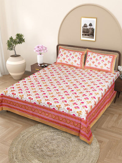 Pink & Cream, Mustard Floral PATTERNED 220 TC QUEEN BEDSHEET WITH 2 PILLOW COVERS