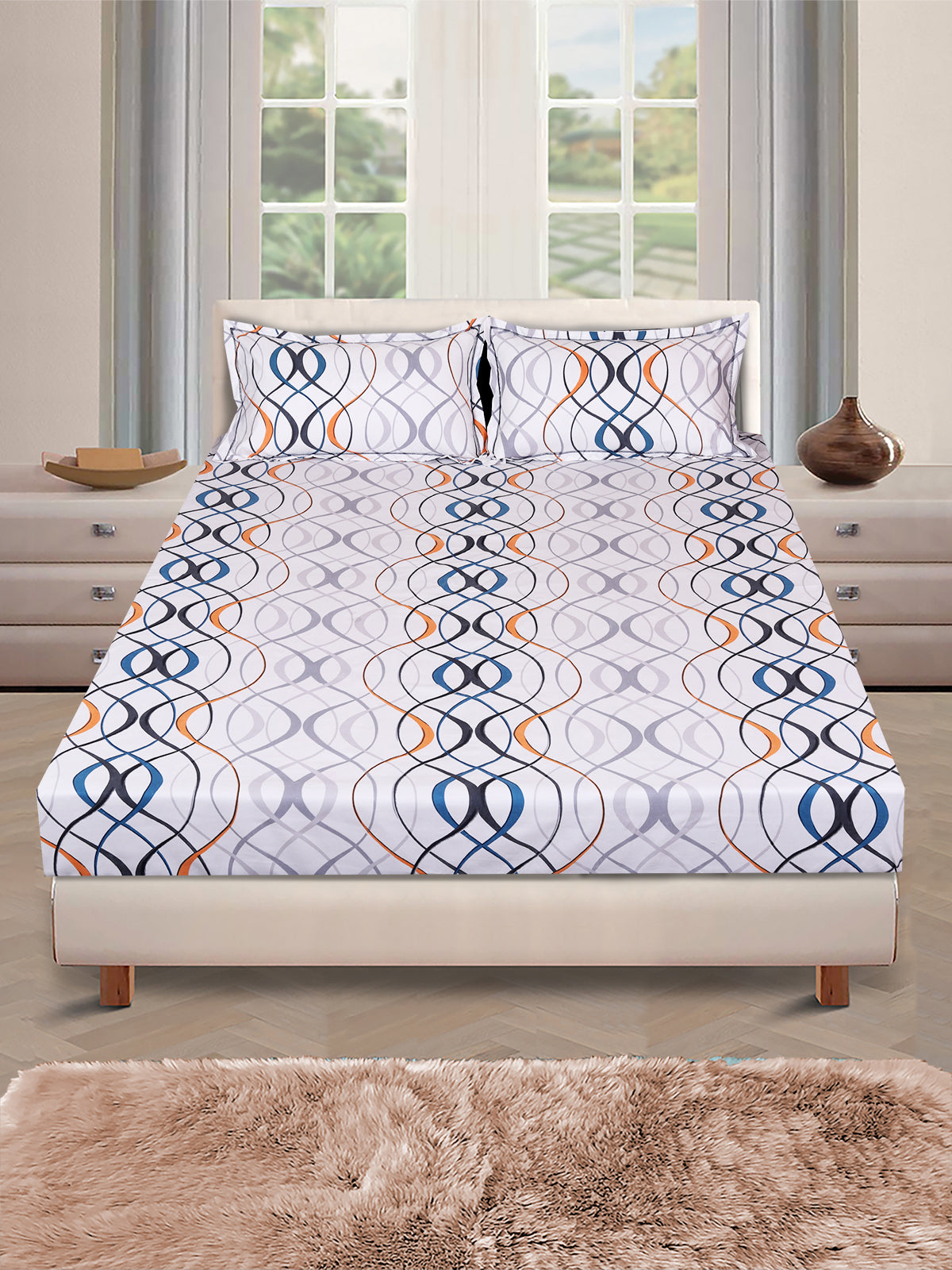 White Geometric PATTERNED 144 TC QUEEN BEDSHEET WITH 2 PILLOW COVERS