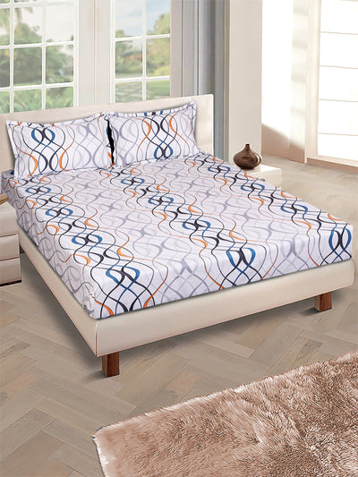 White Geometric PATTERNED 144 TC QUEEN BEDSHEET WITH 2 PILLOW COVERS