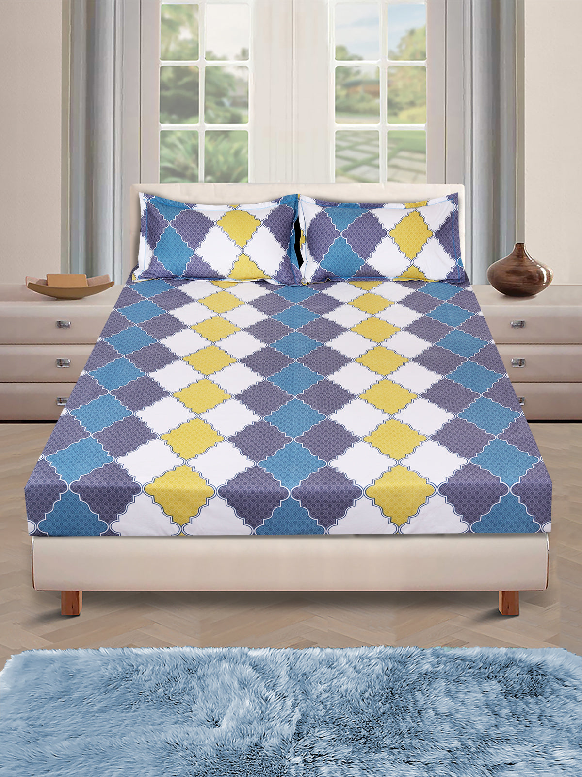 Grey Geometric PATTERNED 144 TC QUEEN BEDSHEET WITH 2 PILLOW COVERS