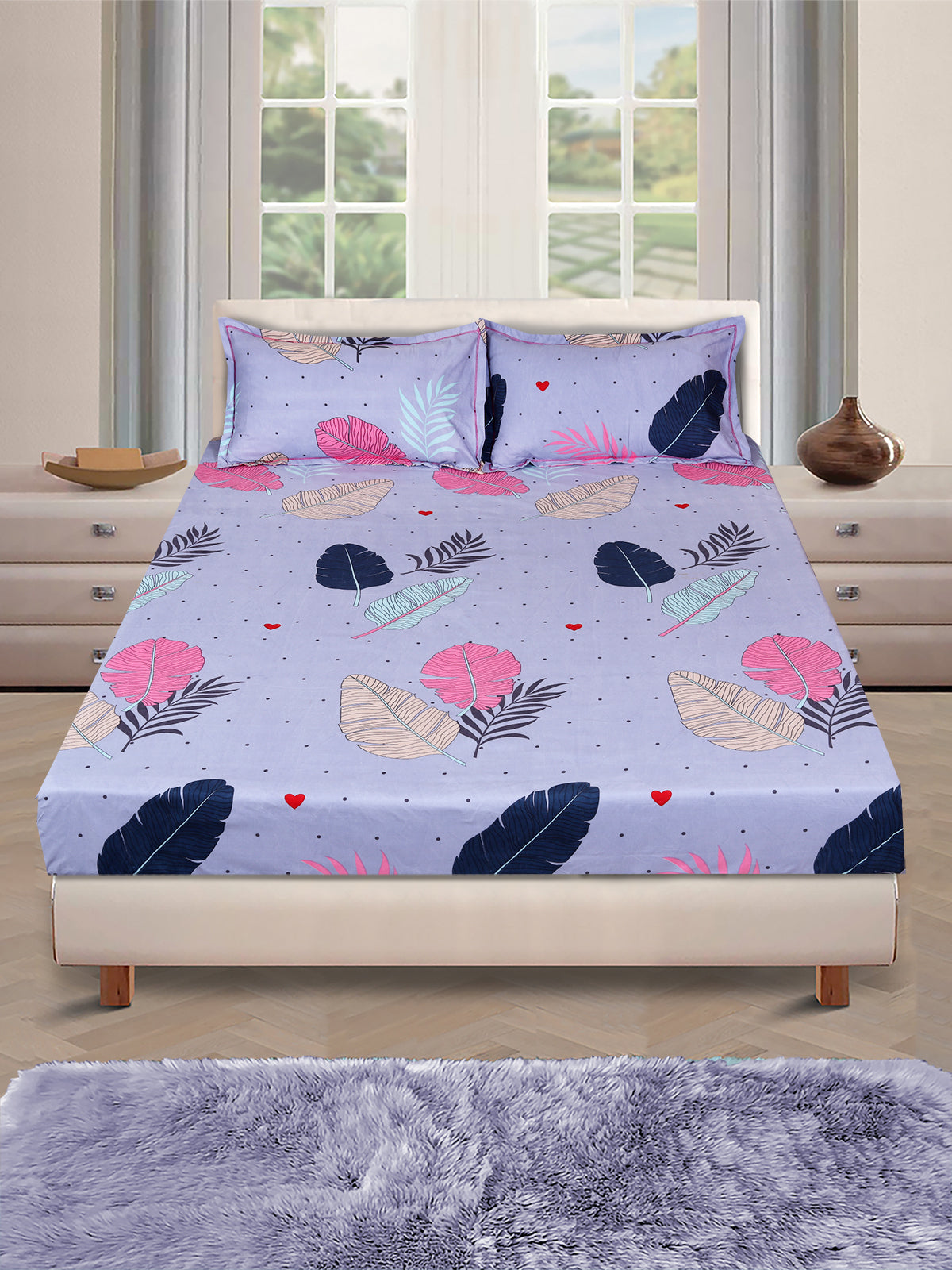 Grey Floral PATTERNED 144 TC QUEEN BEDSHEET WITH 2 PILLOW COVERS