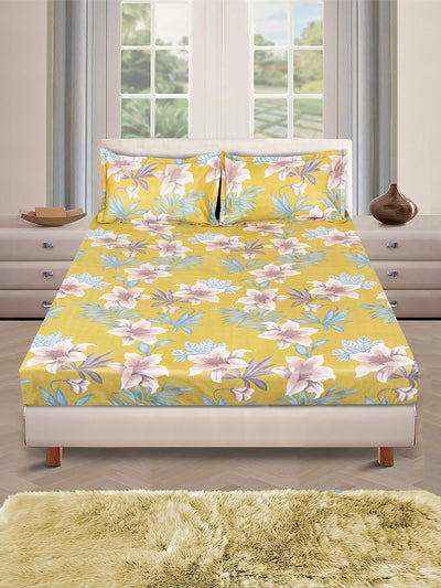 Beige Floral PATTERNED 144 TC QUEEN BEDSHEET WITH 2 PILLOW COVERS