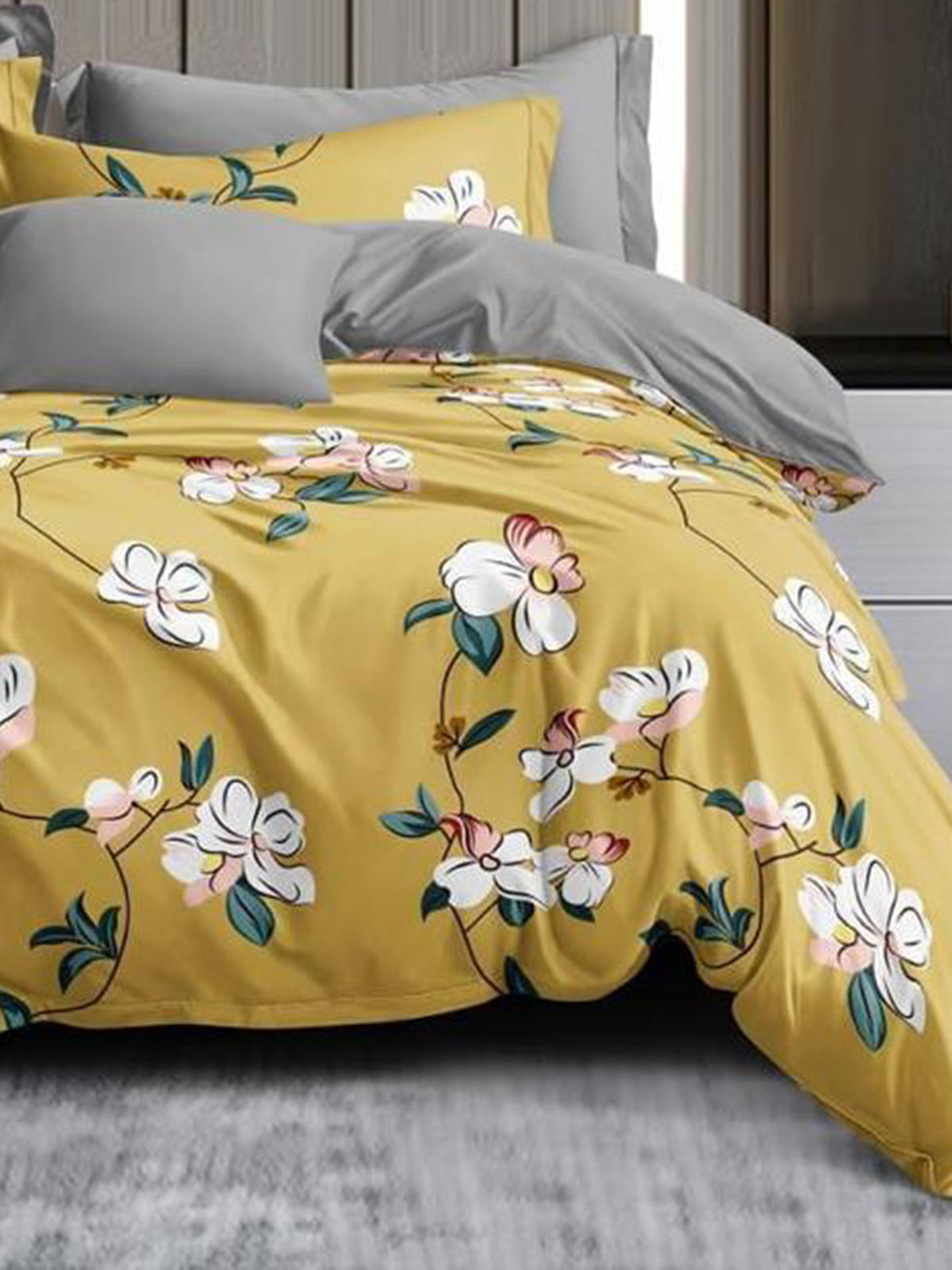 Mustard Floral PATTERNED 144 TC QUEEN BEDSHEET WITH 2 PILLOW COVERS