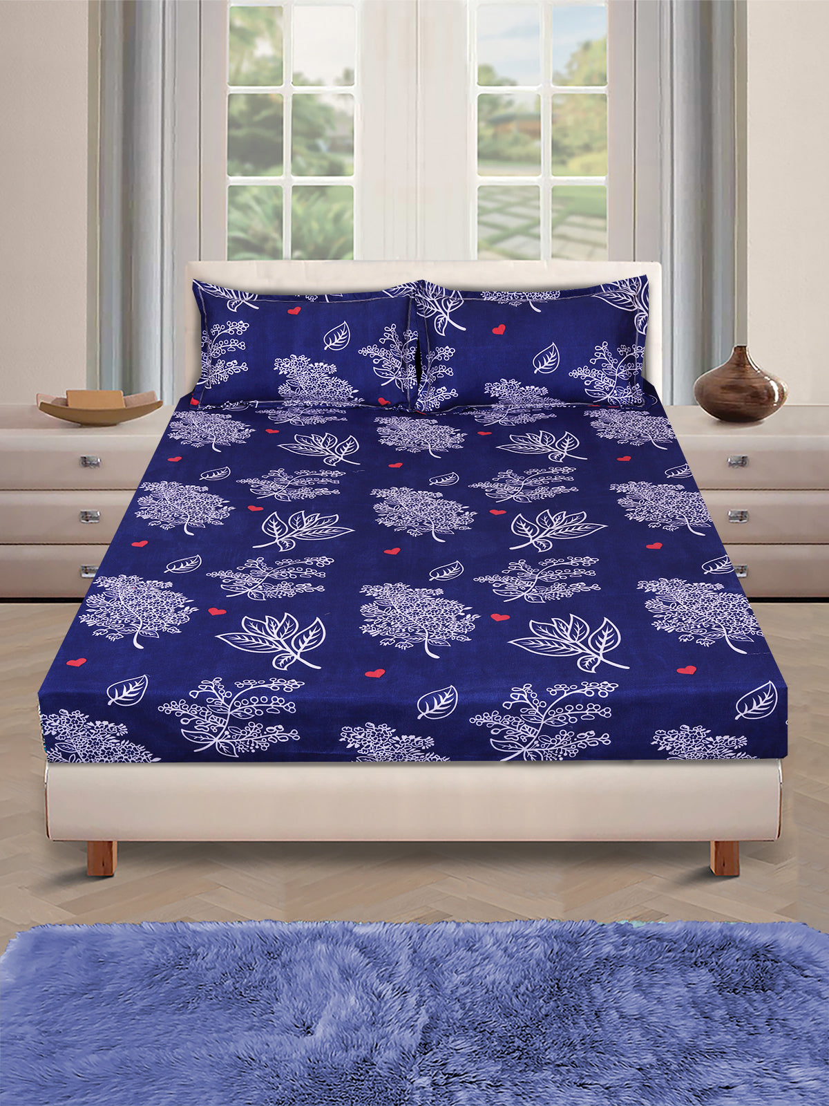 Navy Blue Floral PATTERNED 144 TC QUEEN BEDSHEET WITH 2 PILLOW COVERS