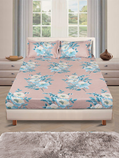 Beige & Blue Floral PATTERNED 144 TC QUEEN BEDSHEET WITH 2 PILLOW COVERS