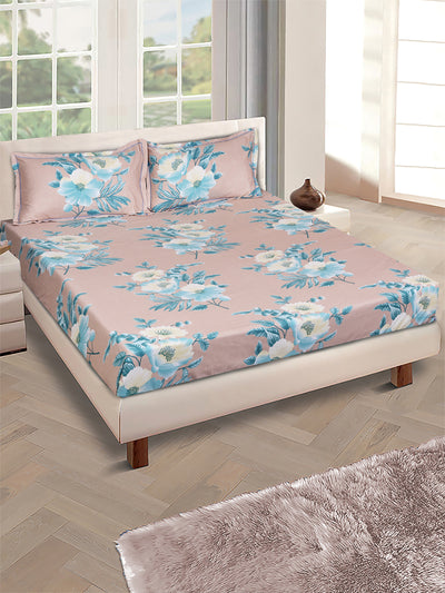 Beige & Blue Floral PATTERNED 144 TC QUEEN BEDSHEET WITH 2 PILLOW COVERS