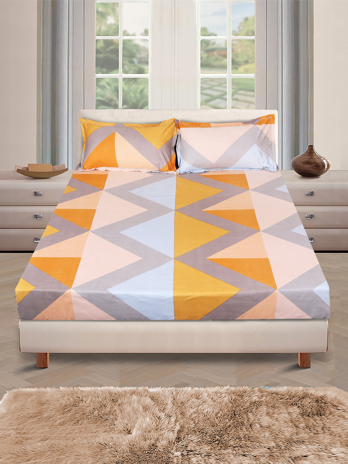 Mustard & Blue Geometric PATTERNED 144 TC QUEEN BEDSHEET WITH 2 PILLOW COVERS