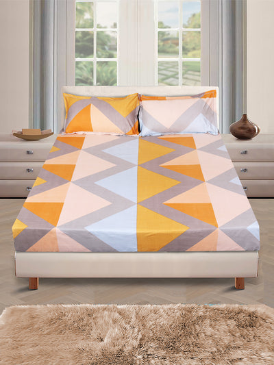 Mustard & Blue Geometric PATTERNED 144 TC QUEEN BEDSHEET WITH 2 PILLOW COVERS