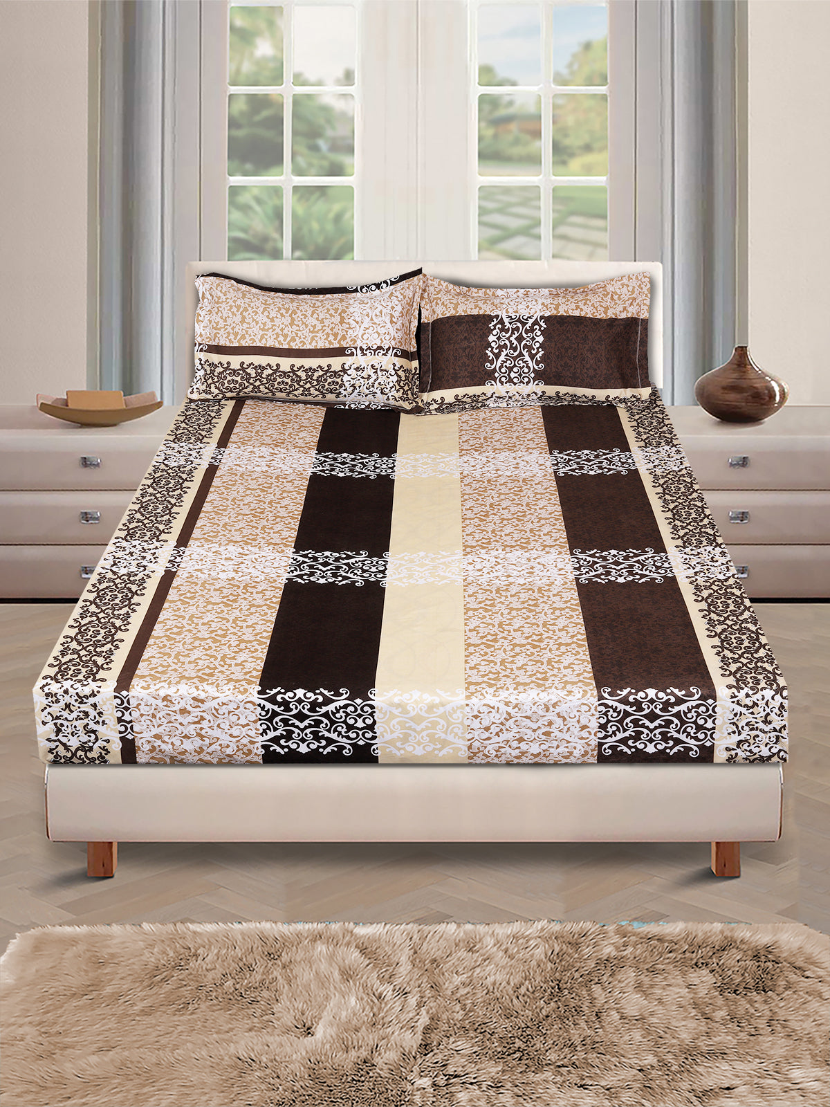 Beige & Brown Ethnic Motifs PATTERNED 144 TC QUEEN BEDSHEET WITH 2 PILLOW COVERS