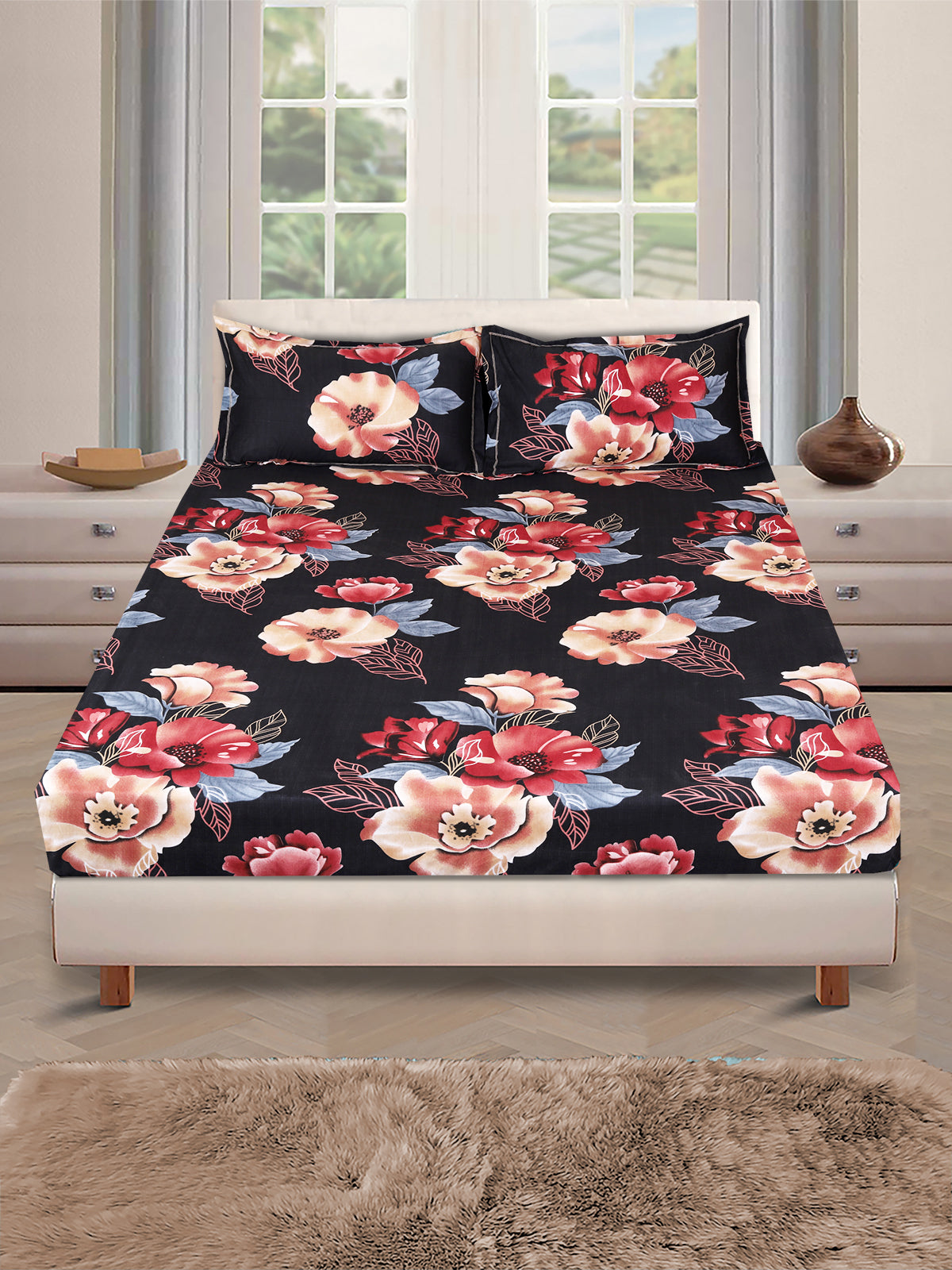Black Floral PATTERNED 144 TC QUEEN BEDSHEET WITH 2 PILLOW COVERS