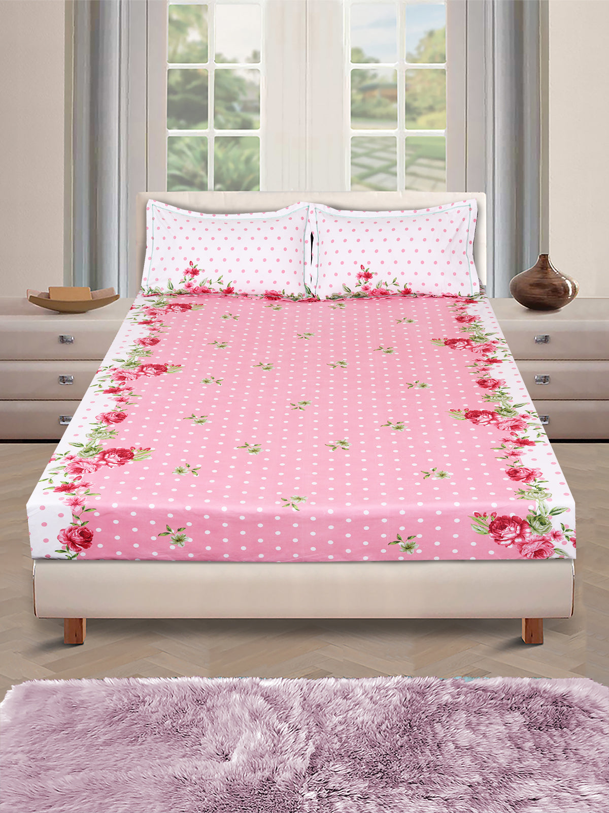 Pink & Beige Geometric PATTERNED 144 TC QUEEN BEDSHEET WITH 2 PILLOW COVERS