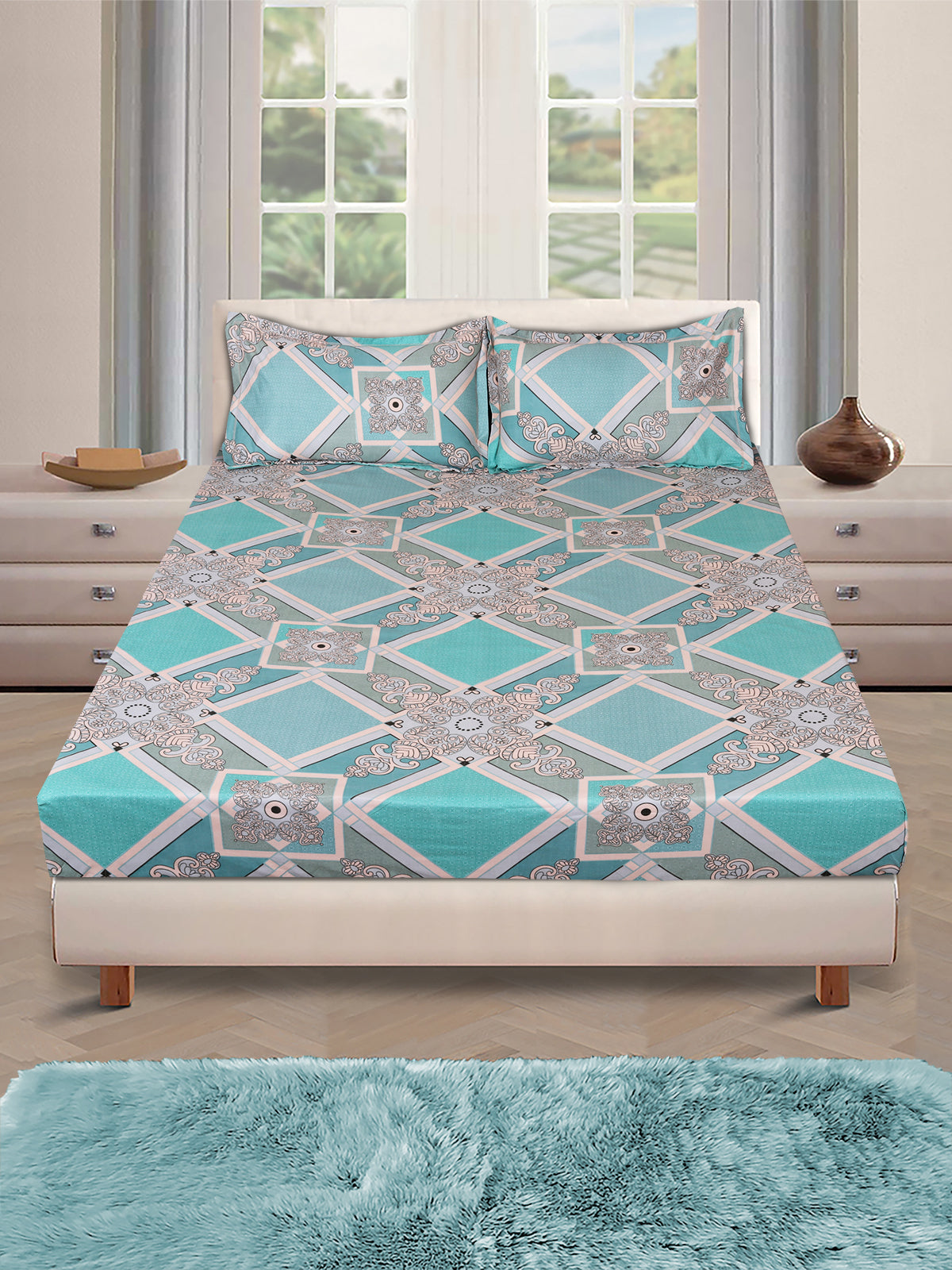 sea green ethnic motifs patterned 144 tc queen bedsheet with 2 pillow covers bdsgr123