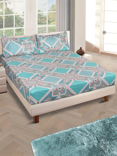 sea green ethnic motifs patterned 144 tc queen bedsheet with 2 pillow covers bdsgr123