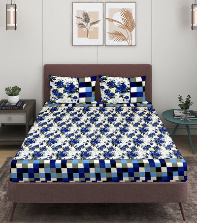 144 TC White & Blue Double Bedsheet with 2 Pillow Covers