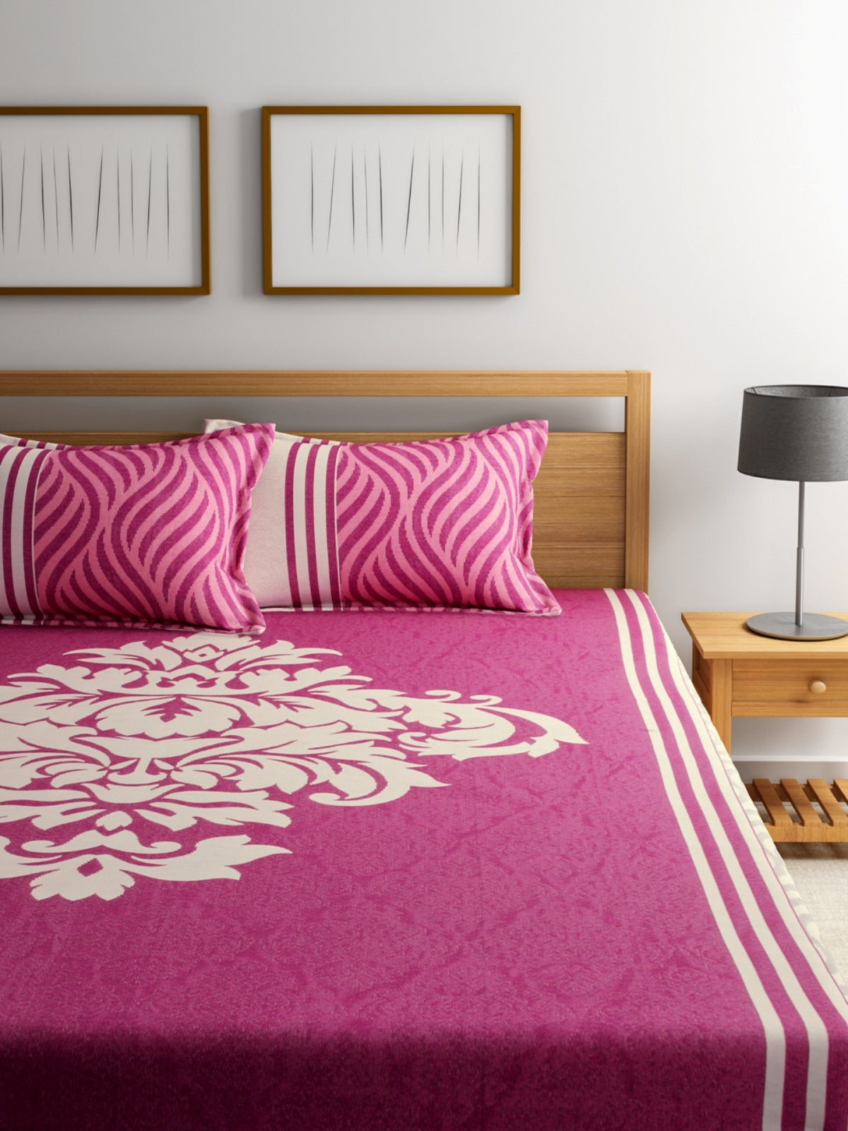 Pink Ethnic Motifs Patterned Reversible Double Bed Cover With 2 Pillow Covers