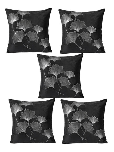 Black & Silver Set of 5 FoilPatterned Velvet Square Cushion Covers