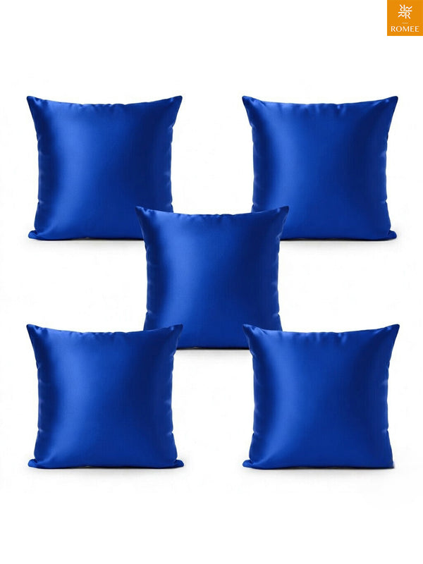 Royal Blue Set of 5 Plain Patterned Satin Square Reversible Cushion Covers