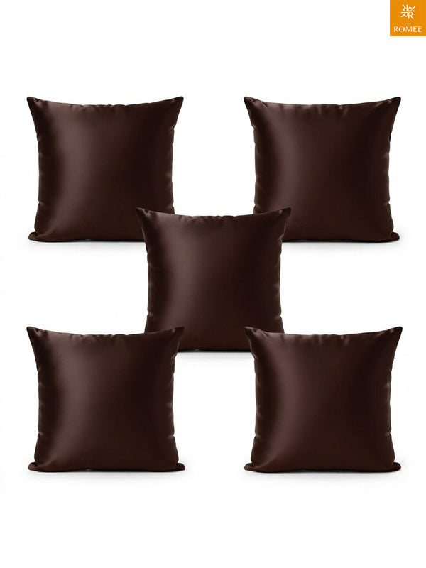 Brown Set of 5 Plain Patterned Satin Square Reversible Cushion Covers