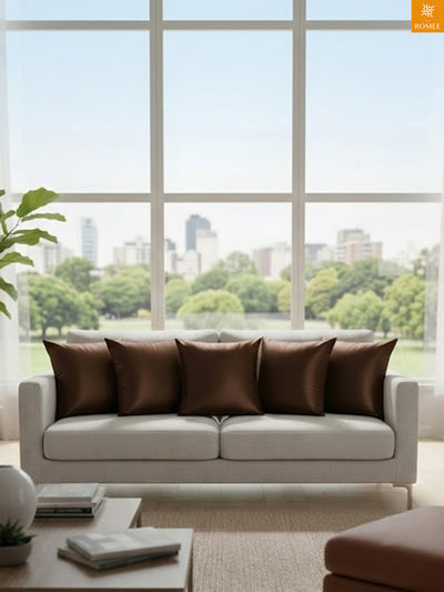 Brown Set of 5 Plain Patterned Satin Square Reversible Cushion Covers