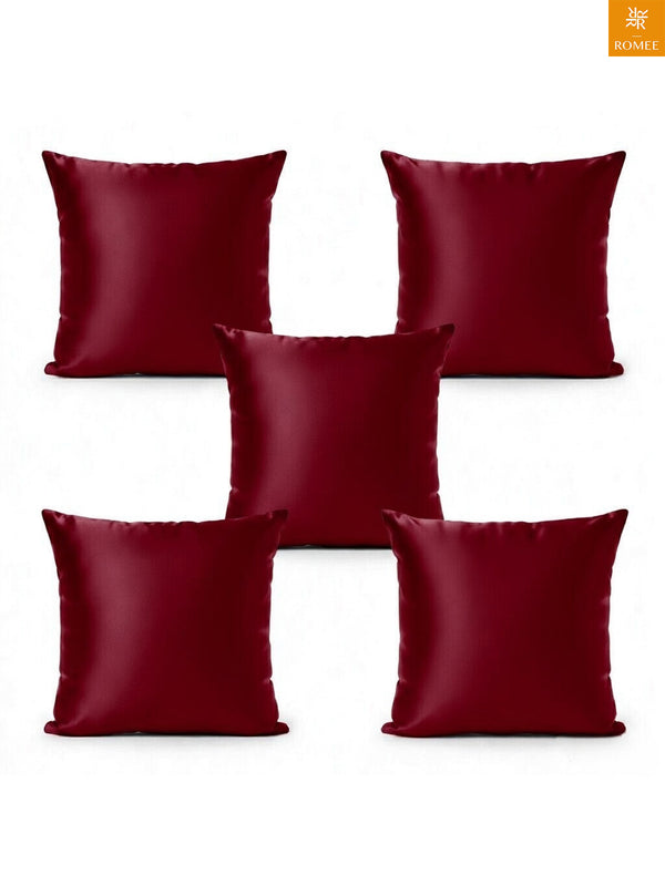 Maroon Set of 5 Plain Patterned Satin Square Reversible Cushion Covers
