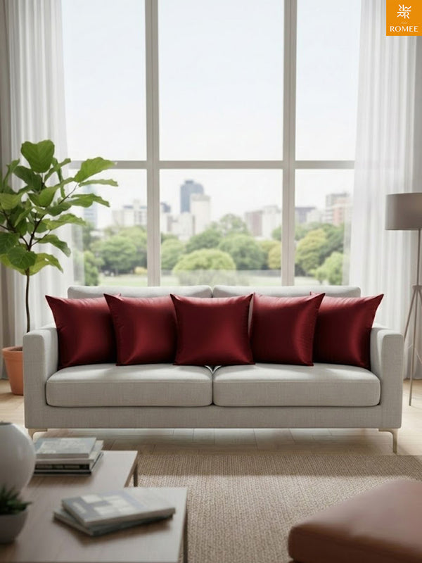 Maroon Set of 5 Plain Patterned Satin Square Reversible Cushion Covers