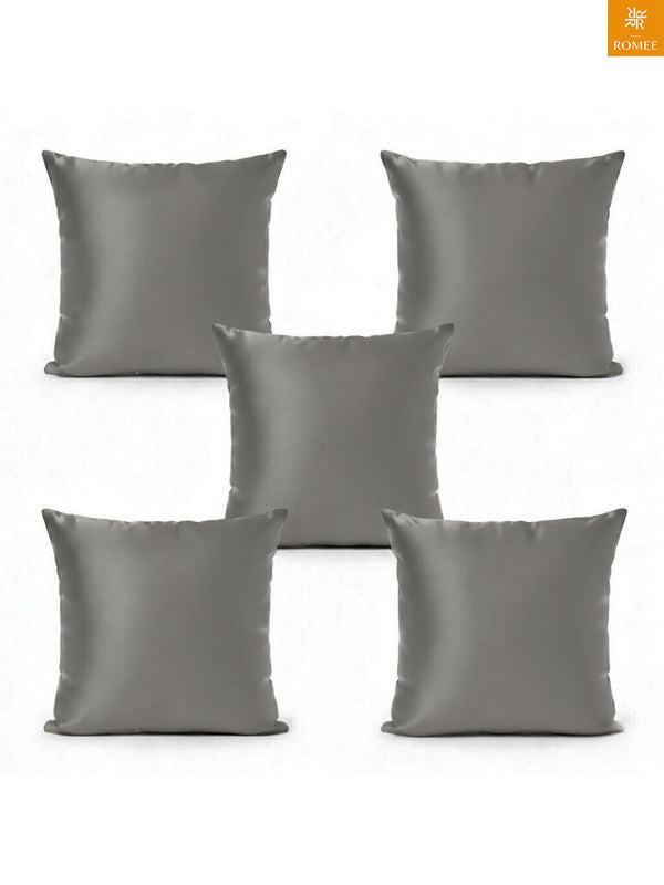 Grey Set of 5 Plain Patterned Satin Square Reversible Cushion Covers