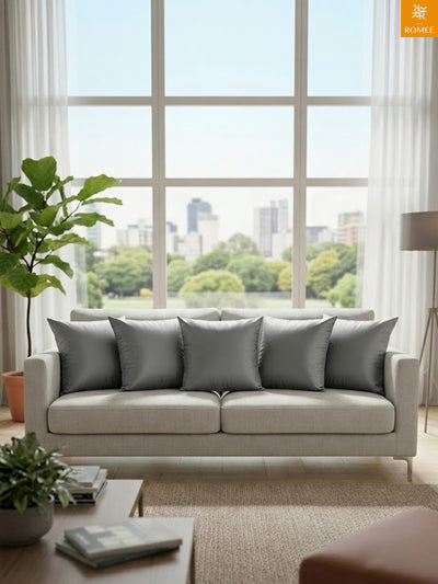 Grey Set of 5 Plain Patterned Satin Square Reversible Cushion Covers