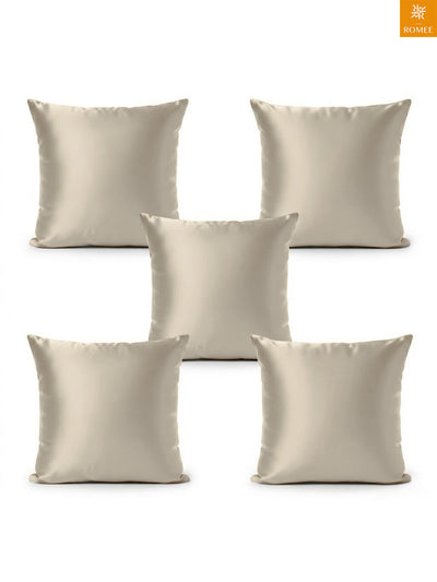 Beige Set of 5 Plain Patterned Satin Square Reversible Cushion Covers