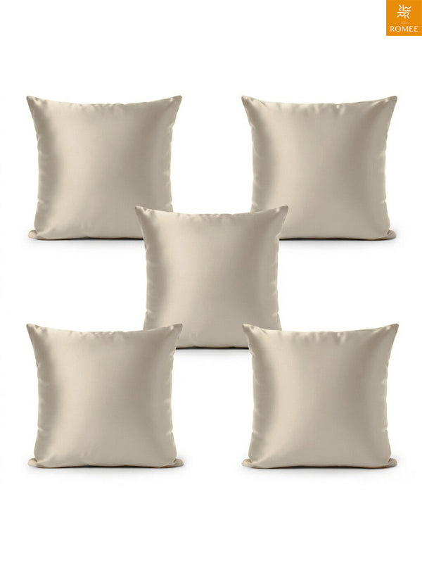 Beige Set of 5 Plain Patterned Satin Square Reversible Cushion Covers