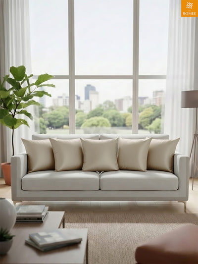 Beige Set of 5 Plain Patterned Satin Square Reversible Cushion Covers