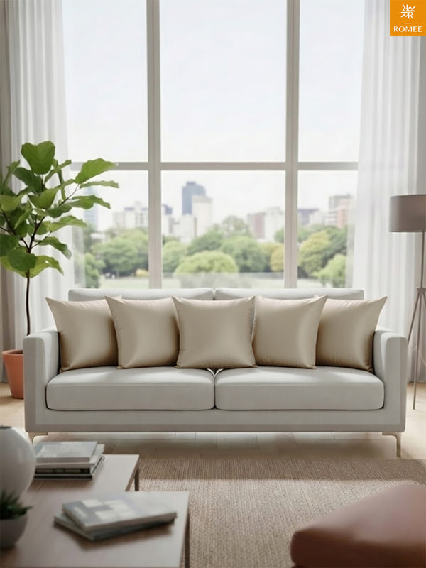 Beige Set of 5 Plain Patterned Satin Square Reversible Cushion Covers