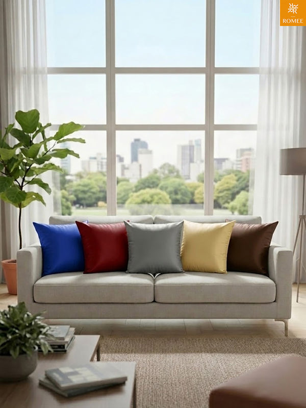 Multicolor Set of 5 Plain Patterned Satin Square Reversible Cushion Covers