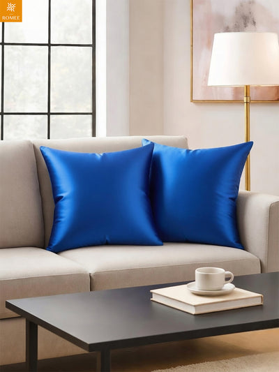 Royal Blue Set of 5 Plain Patterned Satin Square Reversible Cushion Covers