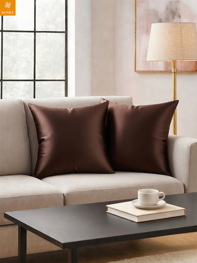 Brown Set of 5 Plain Patterned Satin Square Reversible Cushion Covers