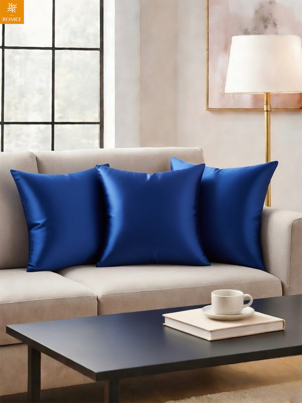 Royal Blue Set of 5 Plain Patterned Satin Square Reversible Cushion Covers